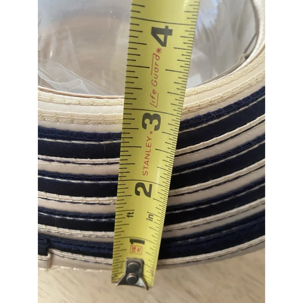 Vtg Cream Satin Ribbon Coiled Derby Hat Navy Stripe Bow Cocktail Tea Party 7" - Picture 11 of 11